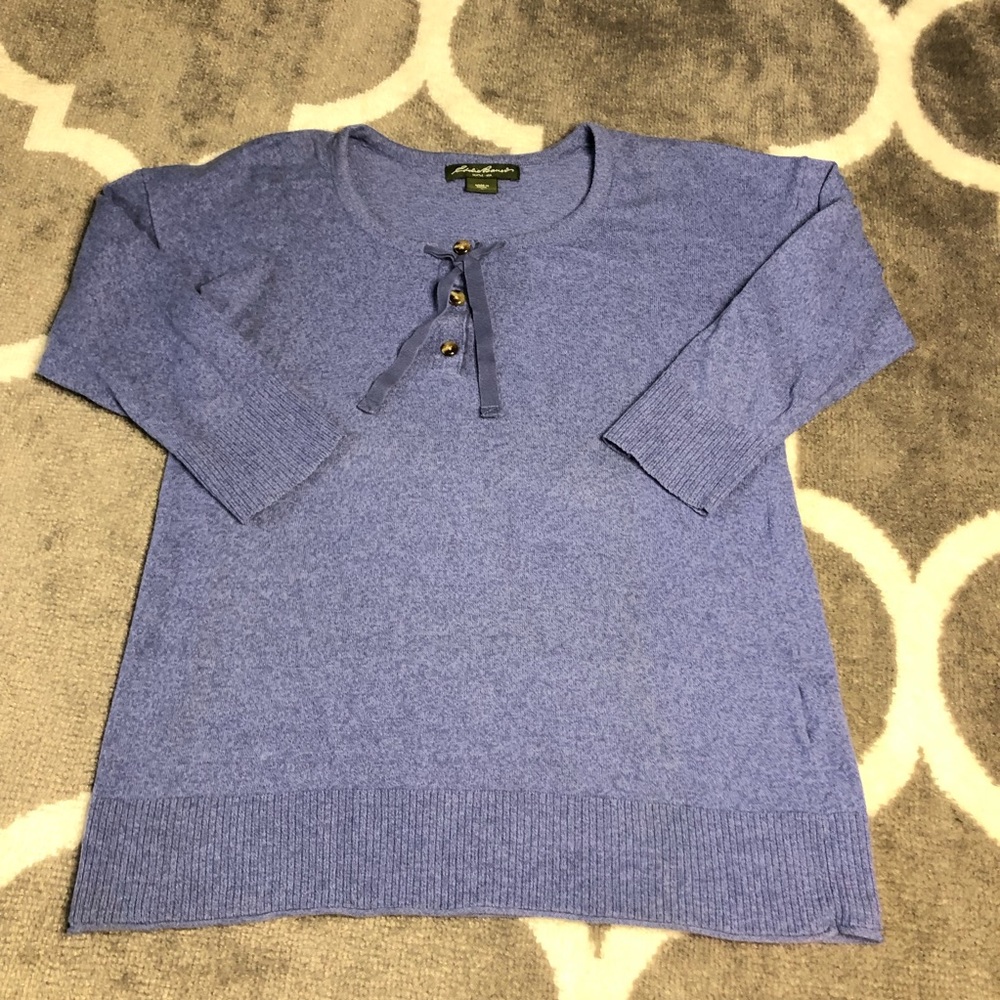 Eddie Bauer Sweater Womens Medium 3/4 Sleeve Ribbon Button Detail Blue